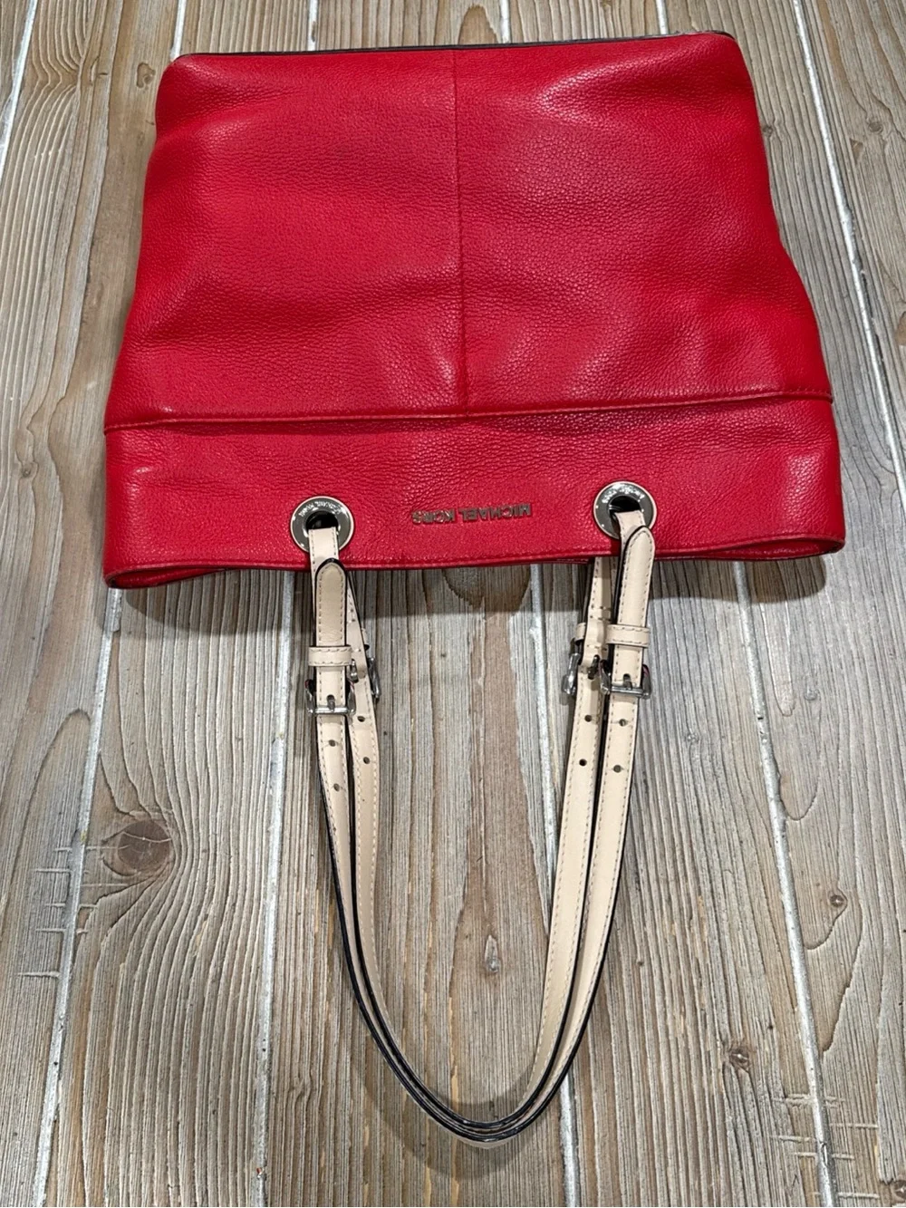 Michael Kors Bedford Medium Top Zip Pocket Tote Bag in Red Pebbled Leather